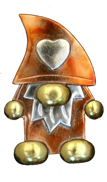 Decorative gnome figurine with a heart on its head, gold shoes, and a white shirt against a white background.