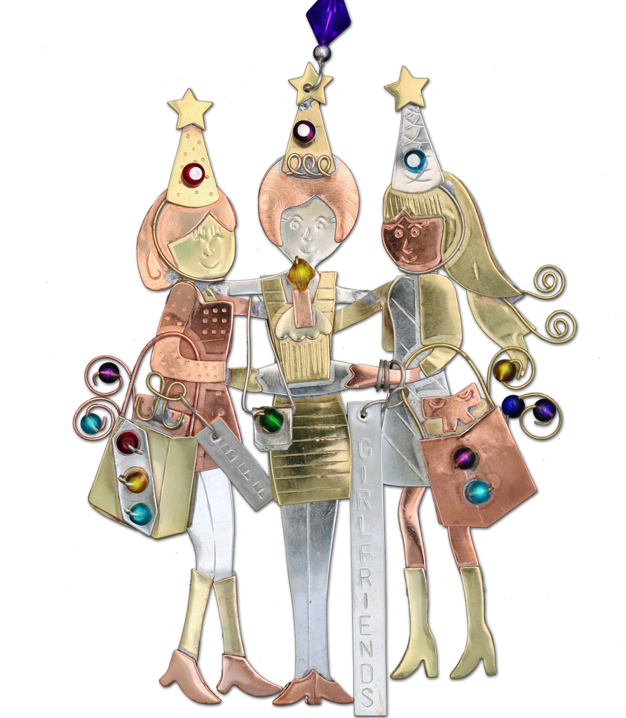 Girlfriends/Best Friends handcrafted gift ornament with 3 girls celebrating in party hats, mixed metals, beads, hang hook