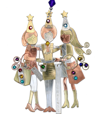 Girlfriends/Best Friends handcrafted gift ornament with 3 girls celebrating in party hats, mixed metals, beads, hang hook