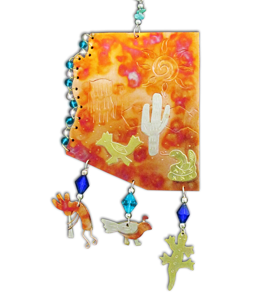 gift ornament handcrafted in the shape of Arizona in patina copper with roadrunner, gecko charms, turquoise beads and hang tag for decorating trees, baskets and gifts