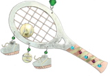 Tennis racket ornament of mixed semiprecious metals, bright beads, hang hook and tennis ball and shoes charms