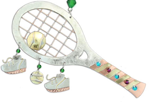 Tennis racket ornament of mixed semiprecious metals, bright beads, hang hook and tennis ball and shoes charms