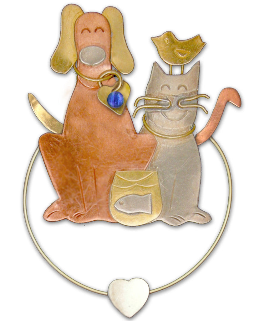 Pet-themed bookmark with a dog and cat holding hands, accompanied by a fish in a bowl and a bird as a whimsical clip over the page, keepsake bookmark made of semi-precious, recycled metals