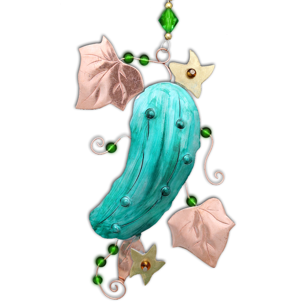 Hand-crafted metal Christmas pickle ornament with a green body, adorned with bows and star-shaped beads, and hanging from a metal hook.