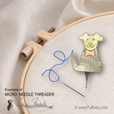 Needle Threader Example on Fabric with Needle Threaded puffinco.com