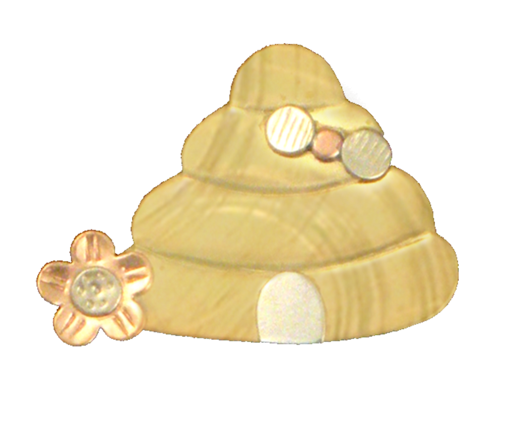 beehive designed needle nanny to hold needles made of brass, copper, nickel with a tiny bee and flower on the hive 