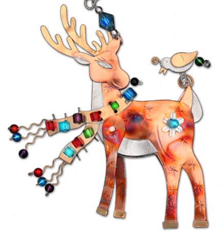 Elegant Vixen Reindeer ornament made of recycled, eco-friendly metals and colorful beads includes hook for hangiing 