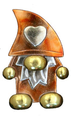 Decorative gnome figurine with a heart on its head, gold shoes, and a white shirt against a white background.
