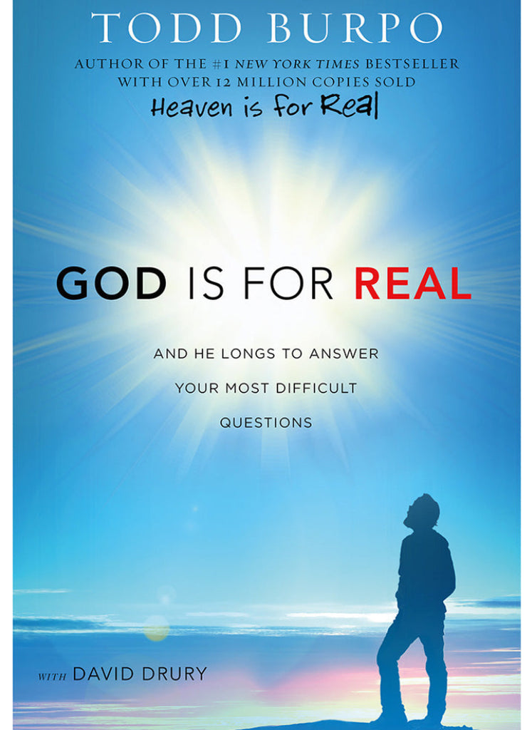 Book cover for 'God Is For Real' by Todd Burpo, featuring a bright blue sky with sun rays, a silhouette of a person standing on a beach, and bold text.