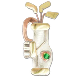 Gold golf bag art charm with clubs and a green gemstone obackground
