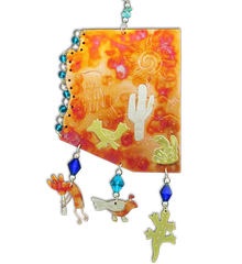 gift ornament handcrafted in the shape of Arizona in patina copper with roadrunner, gecko charms, turquoise beads and hang tag for decorating trees, baskets and gifts 
