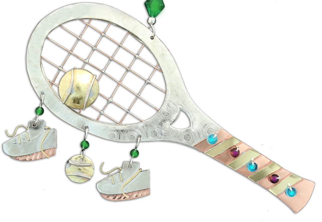 Tennis racket ornament of mixed semiprecious metals, bright beads, hang hook and tennis ball and shoes charms 