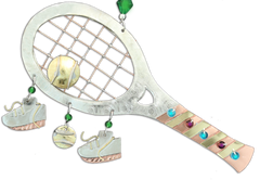 Tennis racket ornament of mixed semiprecious metals, bright beads, hang hook and tennis ball and shoes charms 