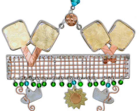 Pickleball themed handmade ornament of semiprecious metals 2 rackets and chams with hang hook 