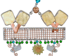 Pickleball themed handmade ornament of semiprecious metals 2 rackets and chams with hang hook 