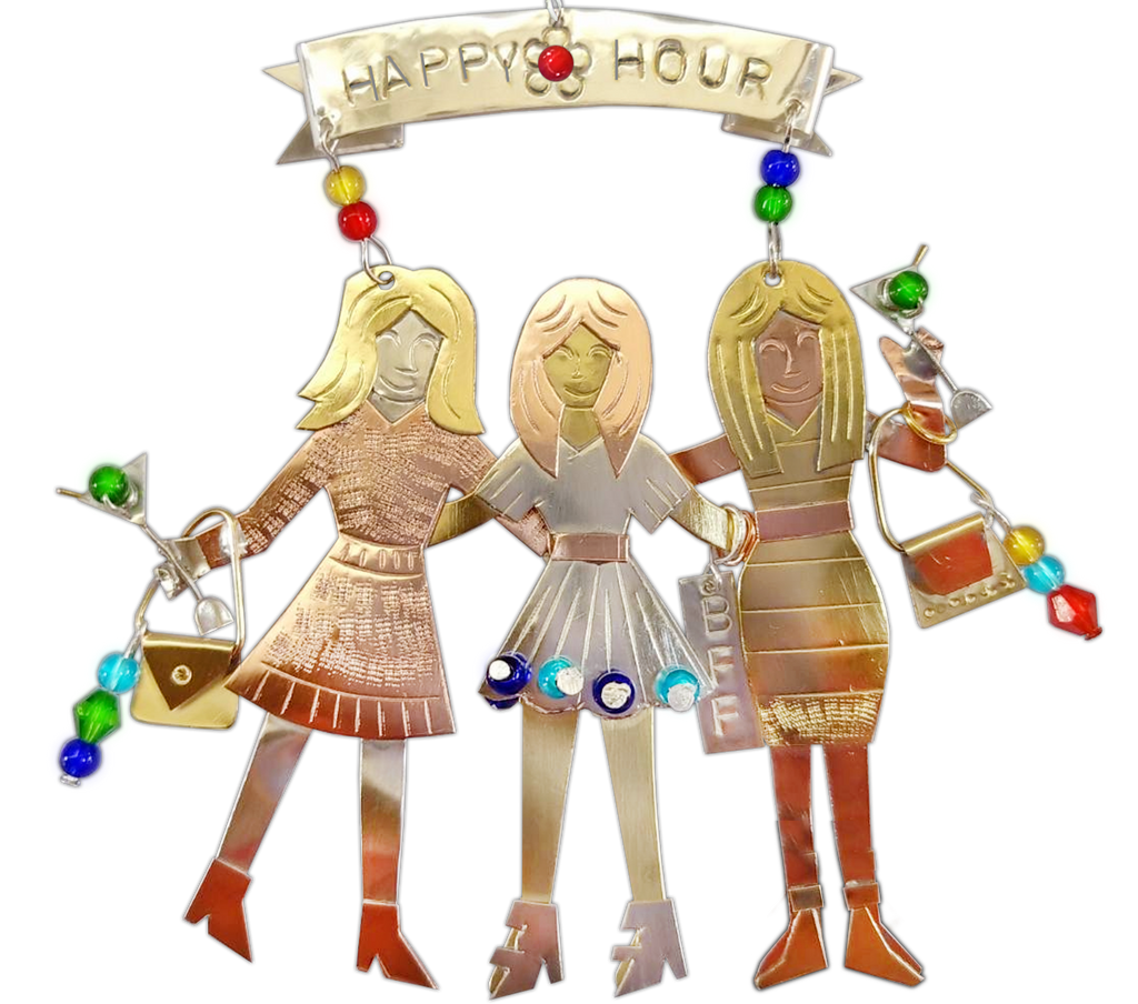 3 Girlfriends with  purses, wine glass in hand for happy hour, semiprecious mixed metals and bright beads with hand hook 