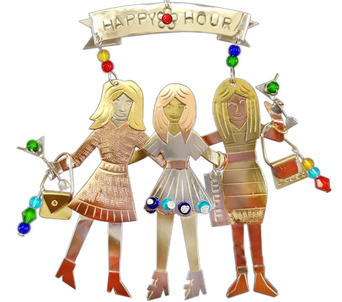 3 Girlfriends with  purses, wine glass in hand for happy hour, semiprecious mixed metals and bright beads with hand hook 