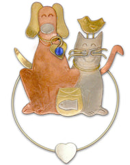 Pet-themed bookmark with a dog and cat holding hands, accompanied by a fish in a bowl and a bird as a whimsical clip over the page, keepsake bookmark made of semi-precious, recycled  metals 