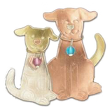 Two puppy dogs with colorful collars in mixed metals