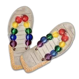 Pair of flip-flop sandals with colorful beads on a white background