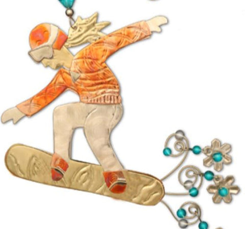 Snowboard and rider ornament design in a beautiful blend of eco-friedly recycled metals with bright beads and a hook for hanging