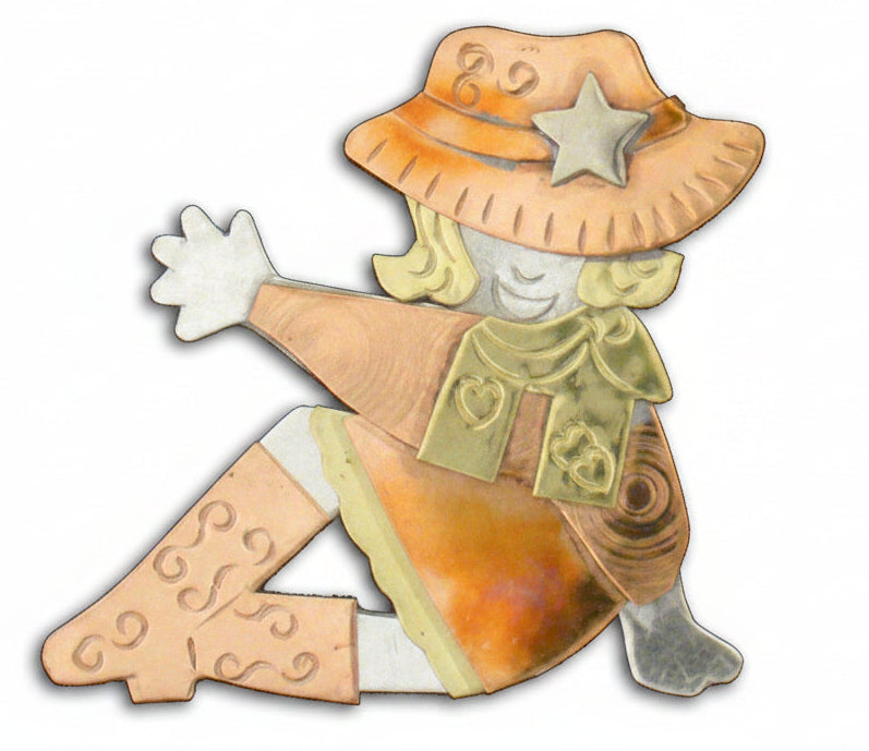 curt cowgirl waving, handmade art piece of mixed metals