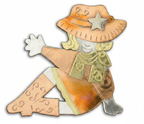 curt cowgirl waving, handmade art piece of mixed metals
